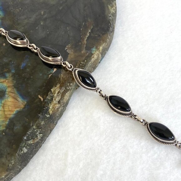 Sterling Silver Southwest Style Marquise Black Onyx Link Bracelet 6"-6.75" - Picture 5 of 16